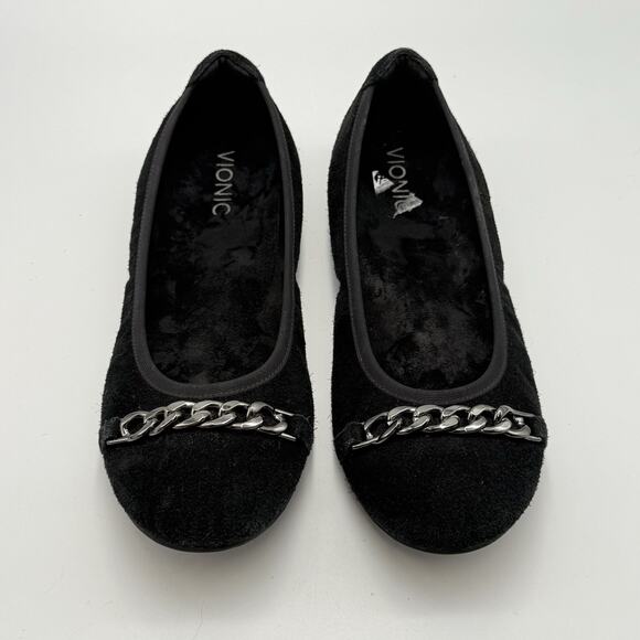Vionic Black Suede Pera Ballet Flats CHAIN Womens SIZE 7.5 Classic Orthopedic - Picture 3 of 9